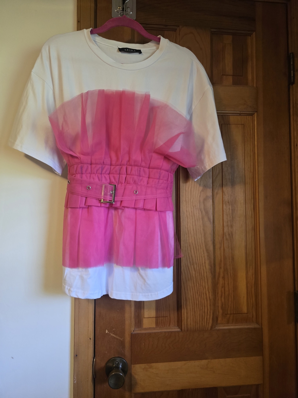 AKIRA White Tee with Hot Pink Tulle Belted Overlay